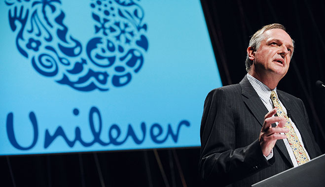 Paul Polman, CEO of Unilever, gives a speech. The company is managed through a complex but effective ‘matrix’ structure