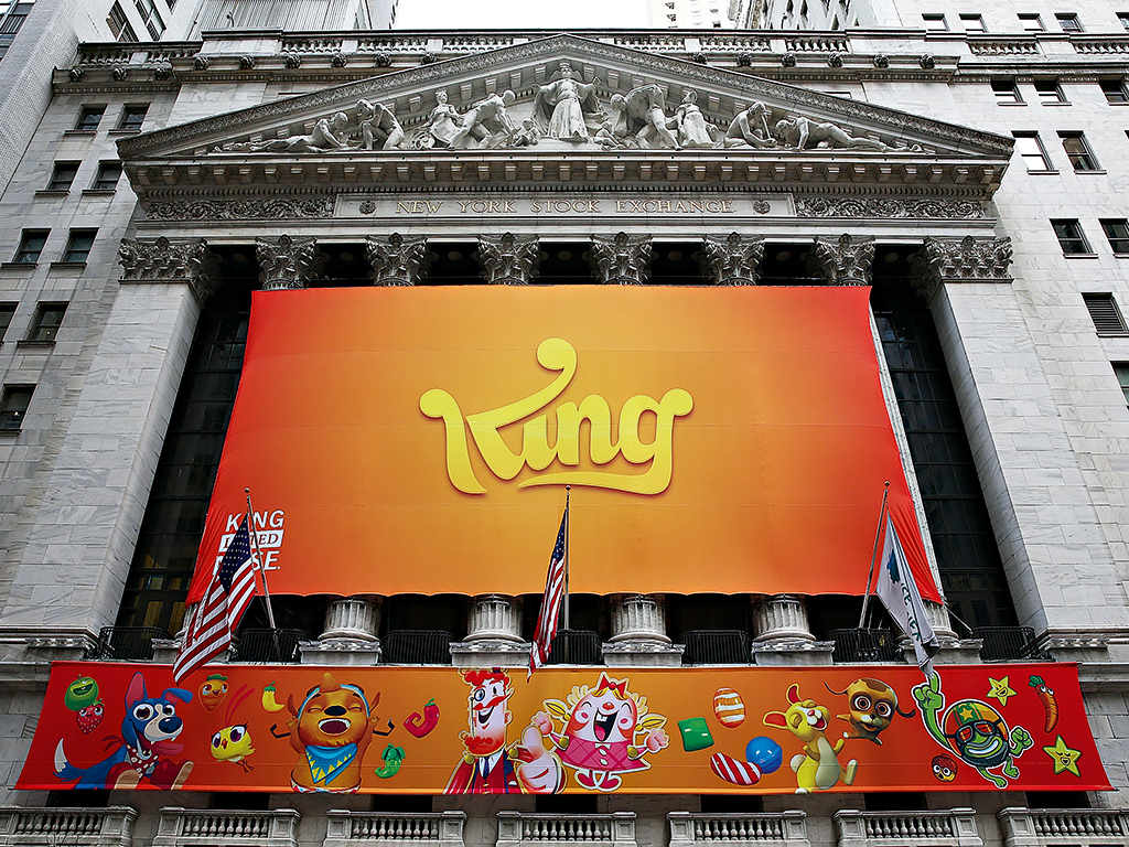 King branding adorns the New York Stock Exchange for the company’s IPO in March 2014