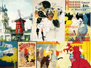 A montage of Moulin Rouge-inspired artwork, created by artists including Toulouse-Lautrec and Jim Heimann